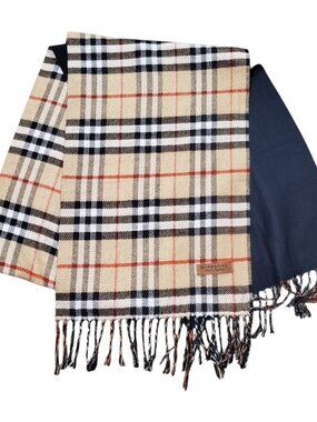 Burberry London Cashmere Reversible Nova Check Navy Tassel Scarf